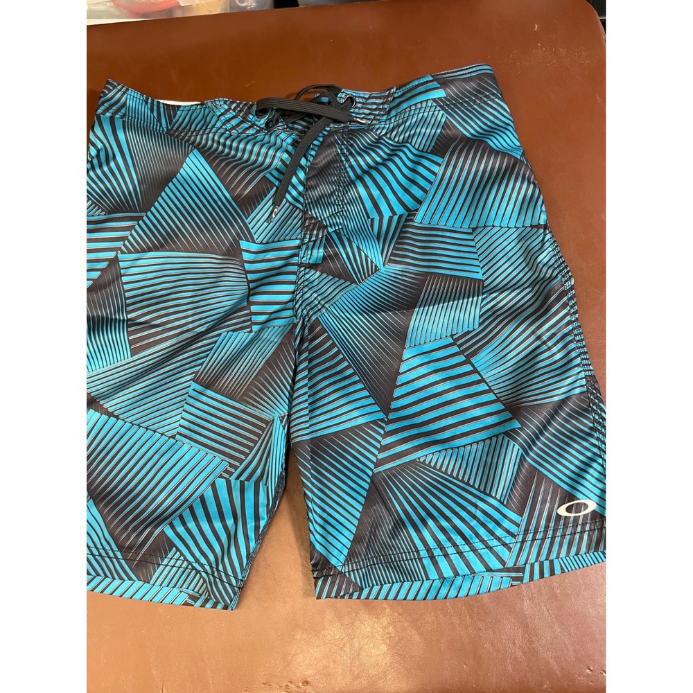 Oakley Mens Board Shorts Size 38 Teal Black Geometric Striped Swim Trunks